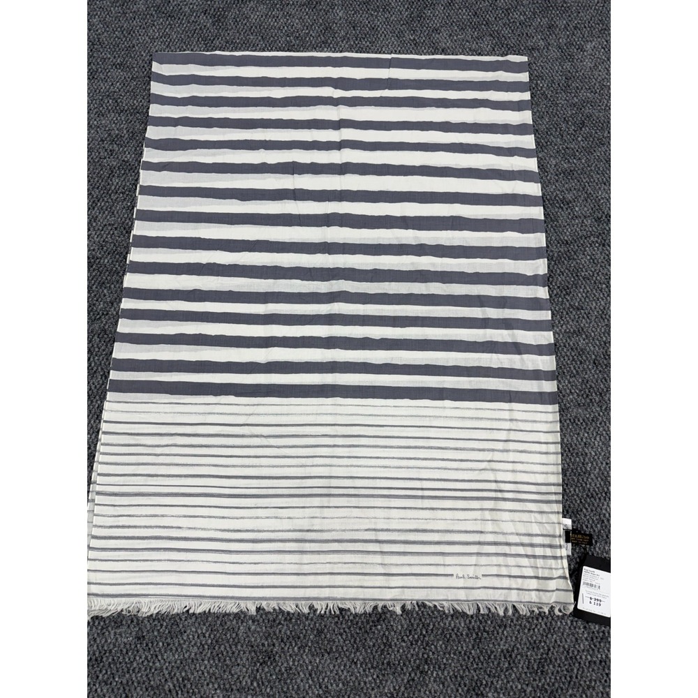 Paul Smith Rectangle Scarf Wrap Schal White Gray Striped Cotton Fringed Edge